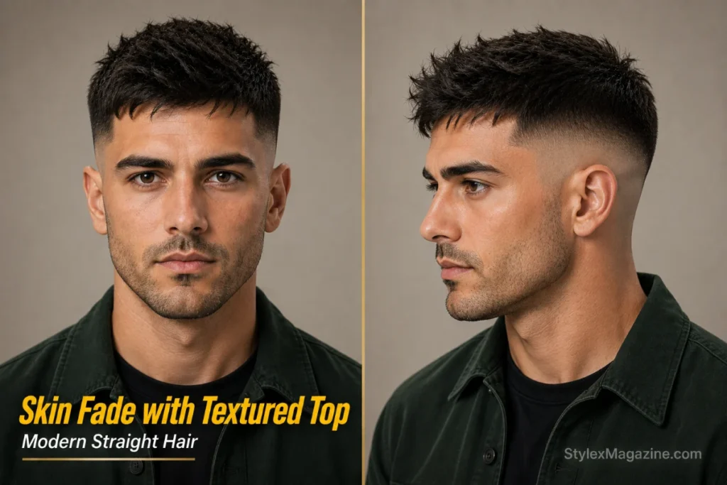 Skin fade with textured top hairstyle for men with straight hair.