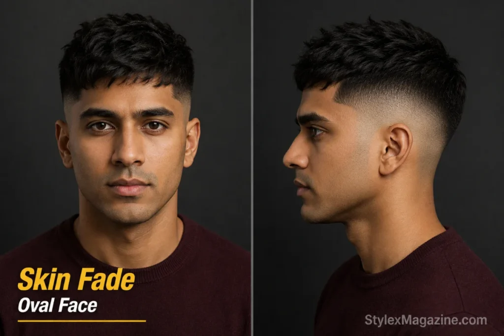 Skin fade with textured top on oval face showing fade tapering to skin with 2 to 3 inch textured top