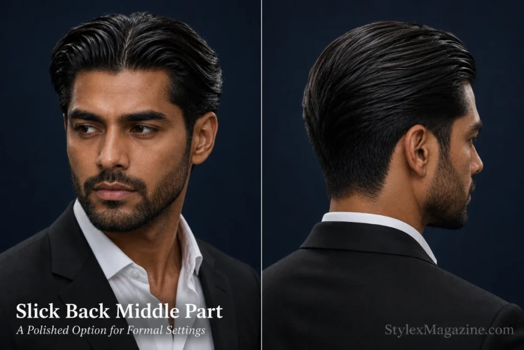 Professional man with a polished centre part slicked backward over a clean low taper.