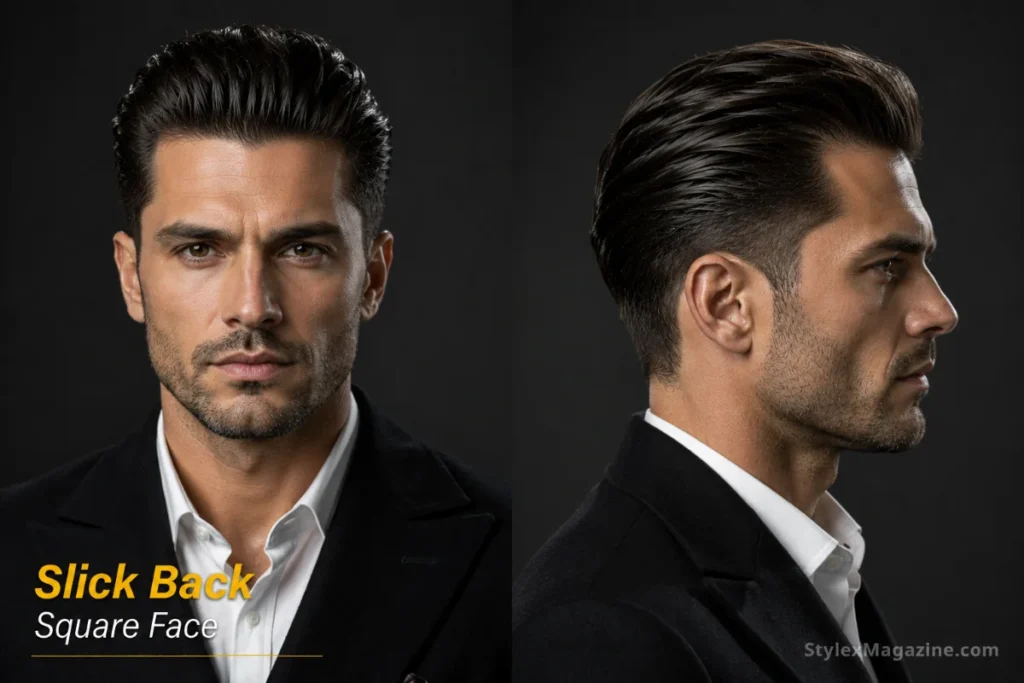 Polished slick back on square face showing everything swept back exposing full angular jaw and forehead