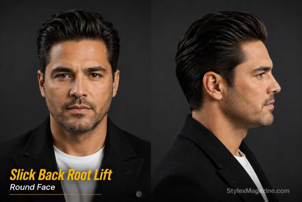 Slick back with root lift on round face showing elevated crown before backward sweep