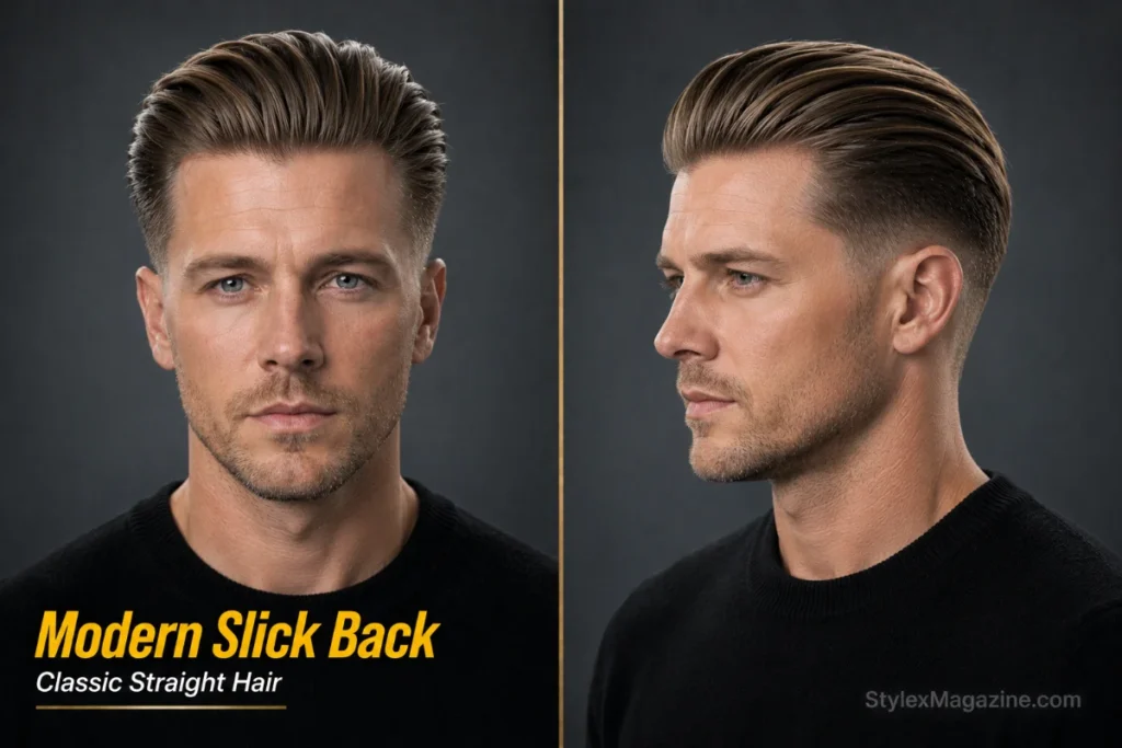 Slick back hairstyle for men with straight hair featuring natural backward flow and low fade.