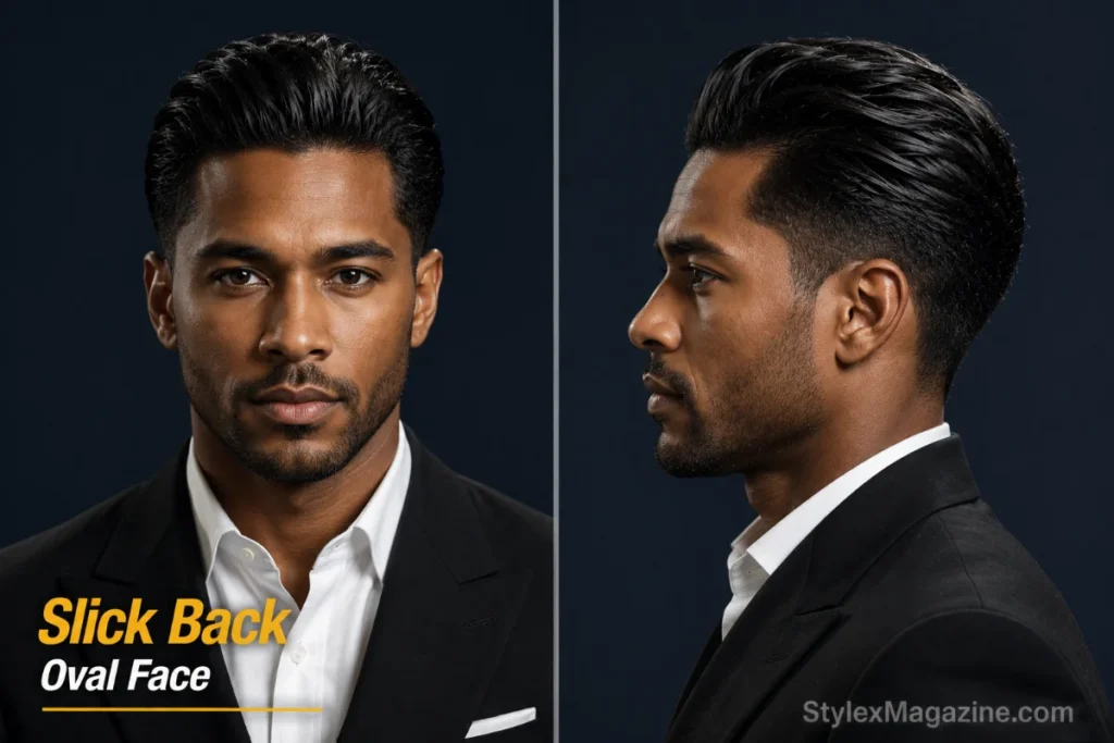 Slick back with taper on oval face showing backward sweep with root lift and tapered sides keeping volume
