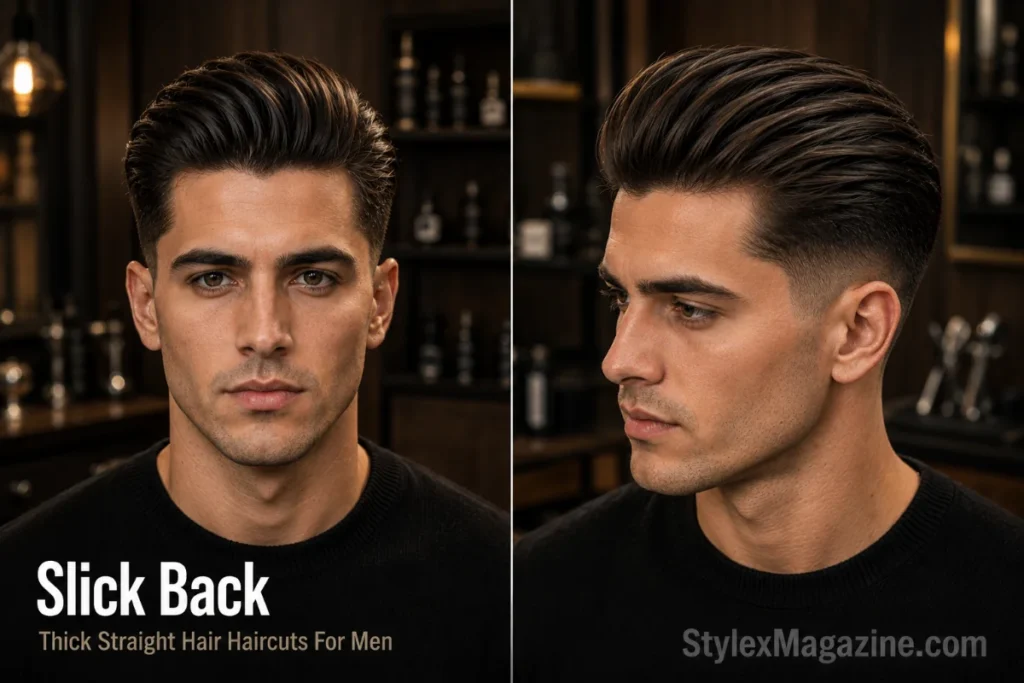 Slick back haircut for men with thick straight hair and low taper sides