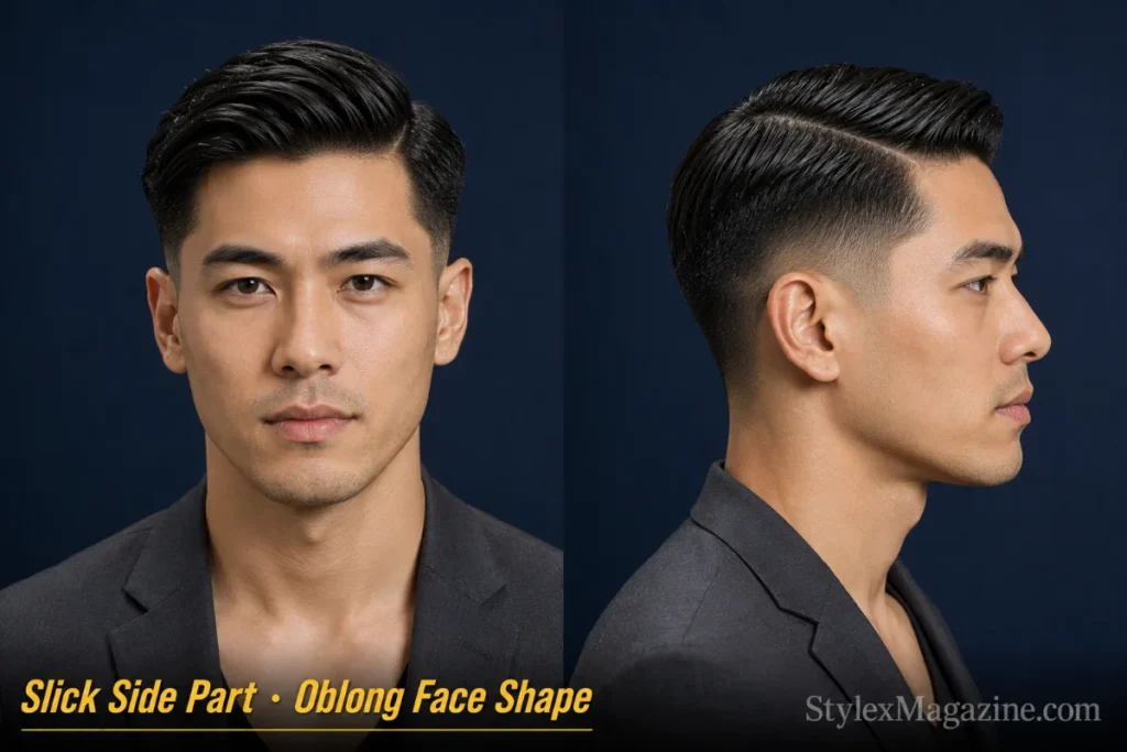 Controlled slick side part on a man with oblong face shape, medium hold pomade, low mid fade, clean part line