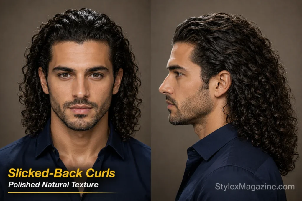 Man with long curls finger-swept backward from the forehead while preserving visible curl definition