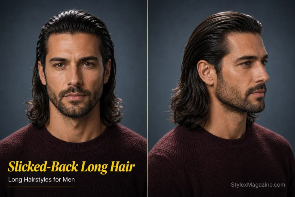 Slicked-back long hairstyle for men featuring shoulder-length straight hair styled neatly away from the face with a glossy finish.