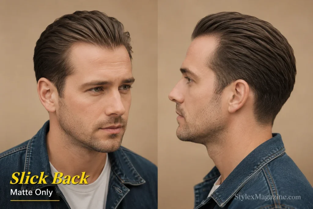Matte slicked back hairstyle on a man with early thinning showing dry finish swept backward