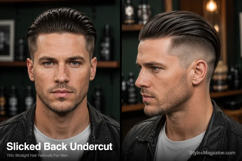 Man with thin straight hair slicked back with a disconnected undercut on the sides.
