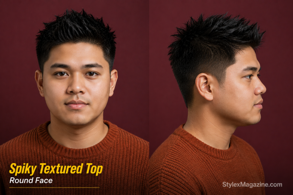 Spiky textured top on round face showing upward matte spikes with short faded sides
Caption: Spiky Textured Top