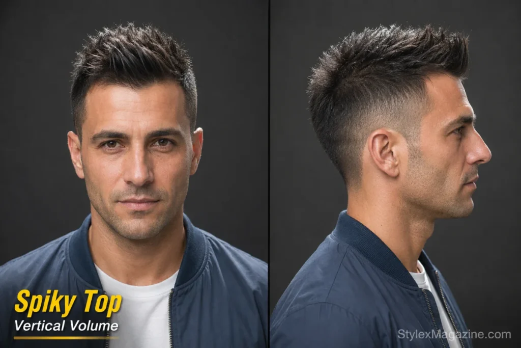 Spiky top haircut on a man with thinning hair showing controlled upward peaks adding height