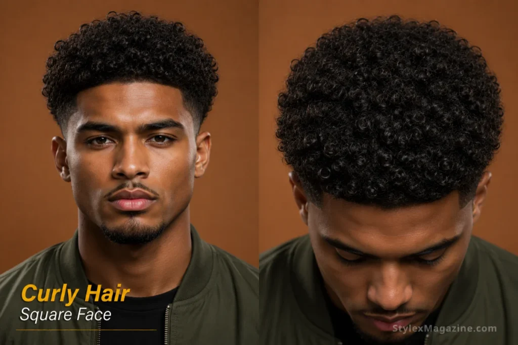 Square face with curly hair showing natural curl volume softening angular features with low mid fade