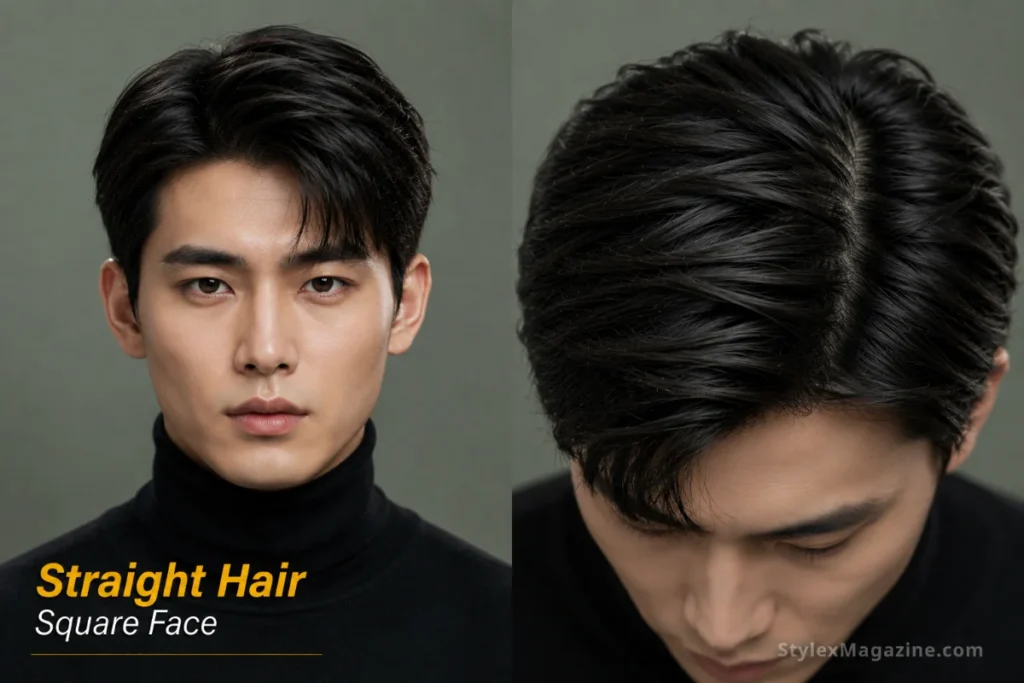 Square face with straight hair showing sharp side part with point-cut texture preventing flat boxy finish