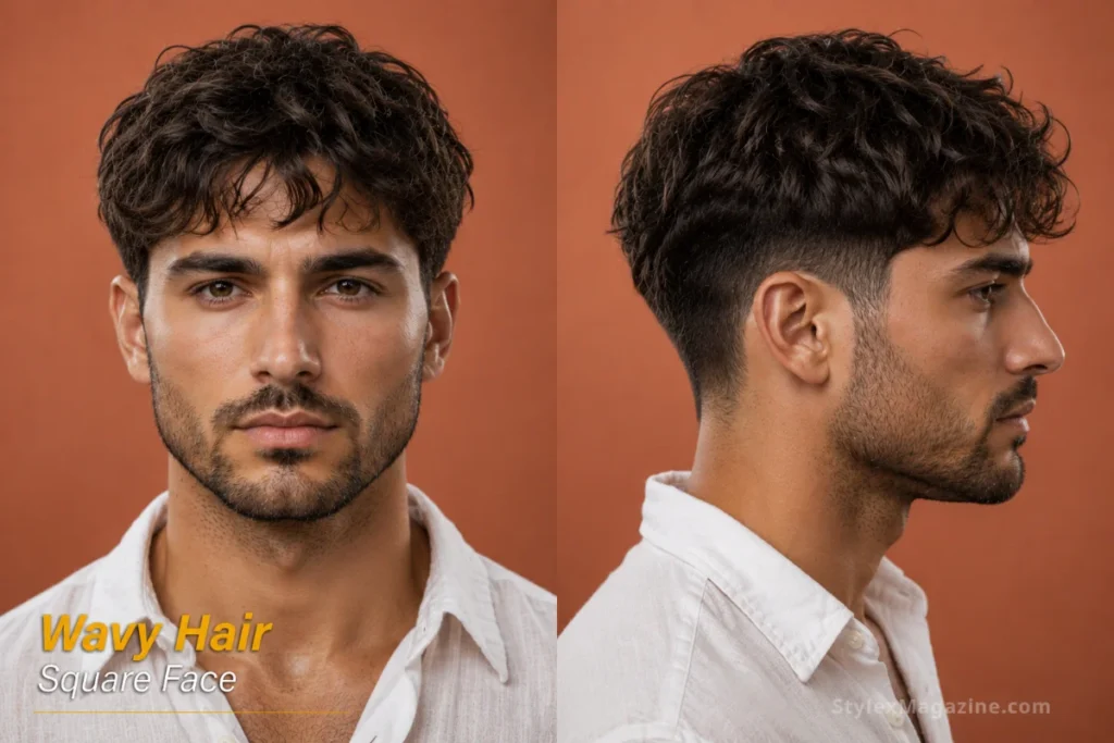 Square face with wavy hair showing natural wave curves softening angular jaw and forehead lines