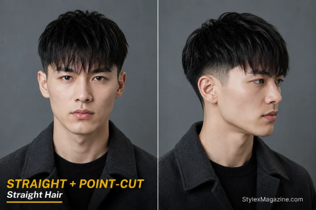  Straight hair with point-cut fringe for men with a large forehead, front and side view
