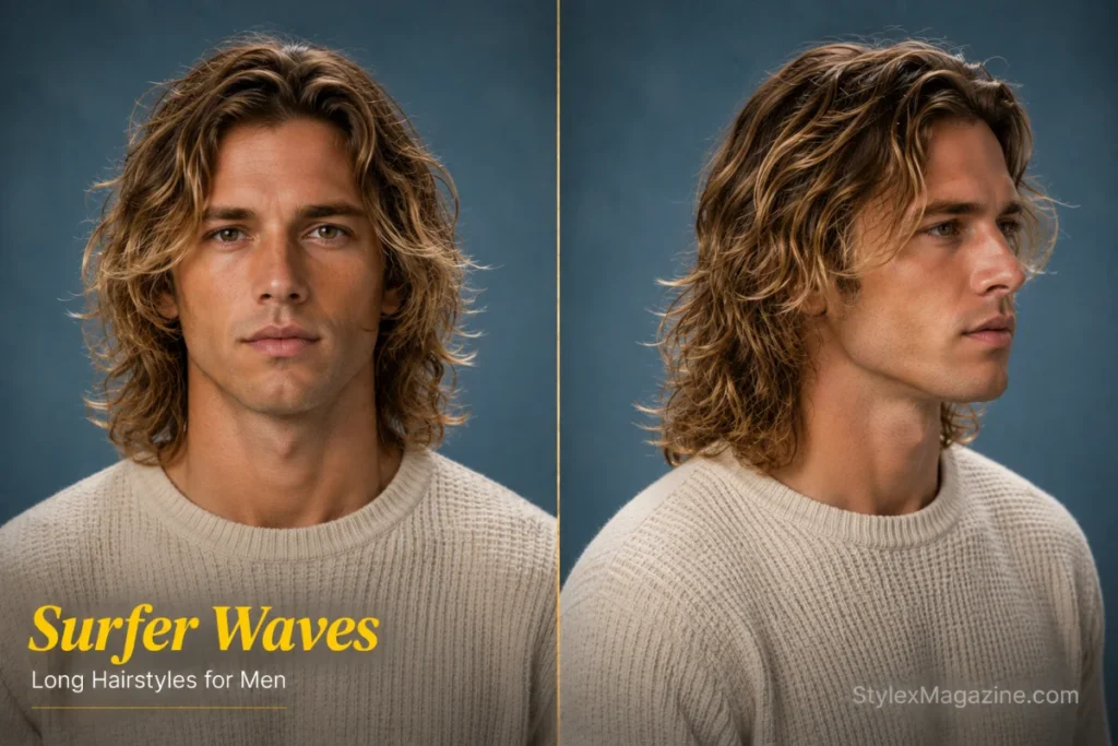 Surfer waves hairstyle for men featuring shoulder-length natural beach waves with relaxed texture and soft movement.