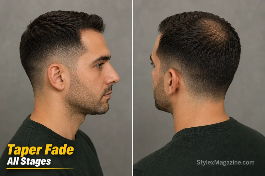 Taper fade on a balding man showing gradual length reduction with no skin exposed