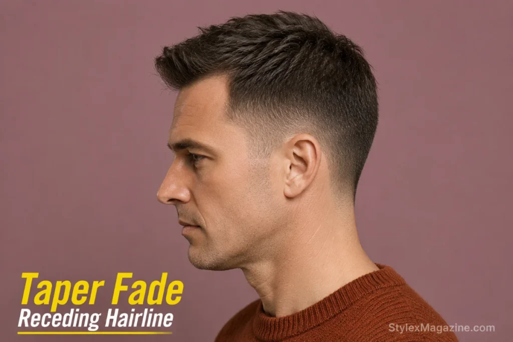 Taper fade on receding hairline showing gradual length reduction from top to neckline with no skin showing
