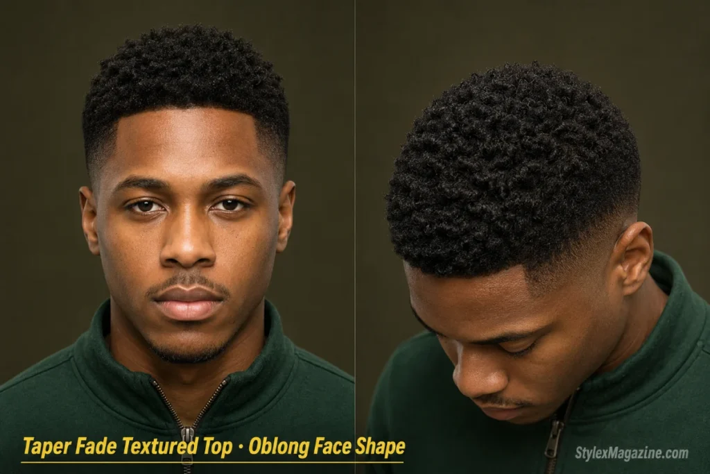Taper fade with textured top on a man with oblong face shape, gradual taper preserving side hair, forward textured crown