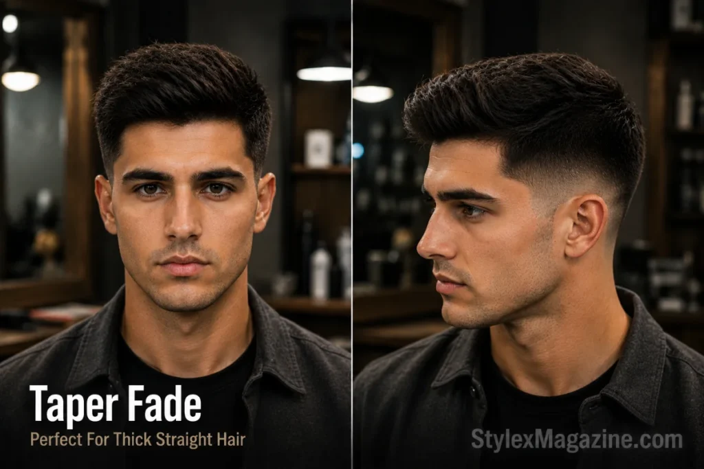 Taper fade haircut for men with thick straight hair and clean blended sides