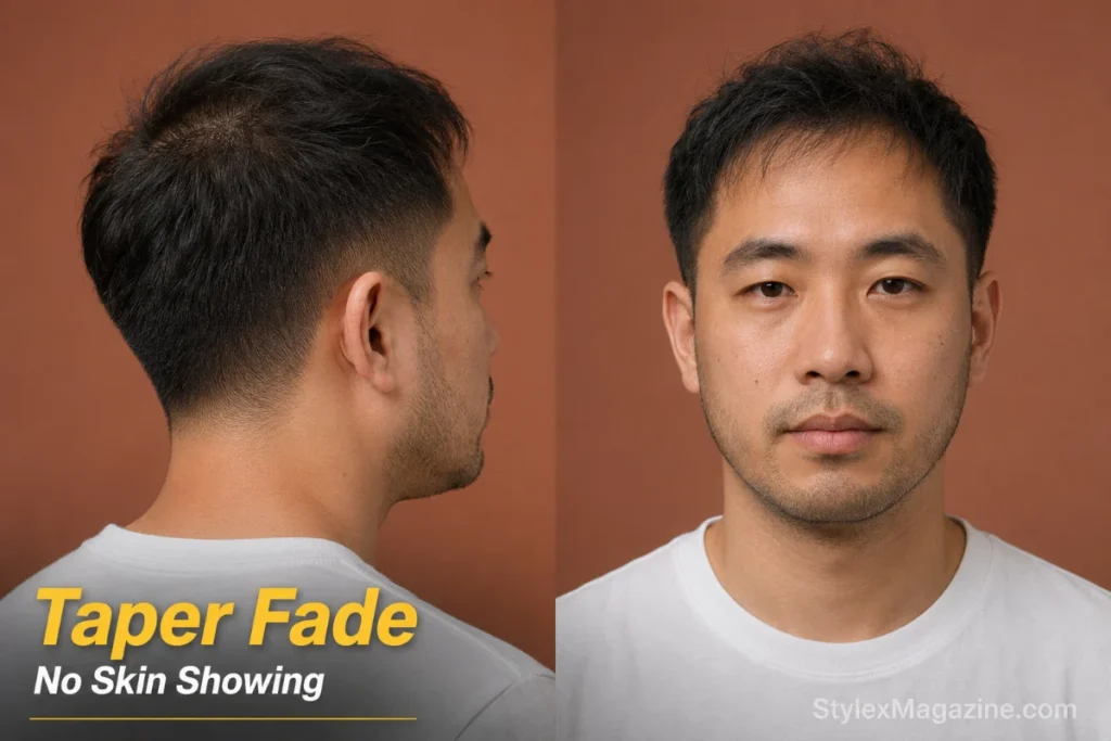 Taper fade on a man with thinning hair showing gradual length reduction with no skin exposed