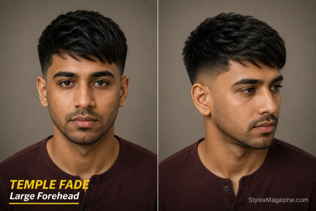 Temple fade with forward fringe for men with a large forehead, front and side view