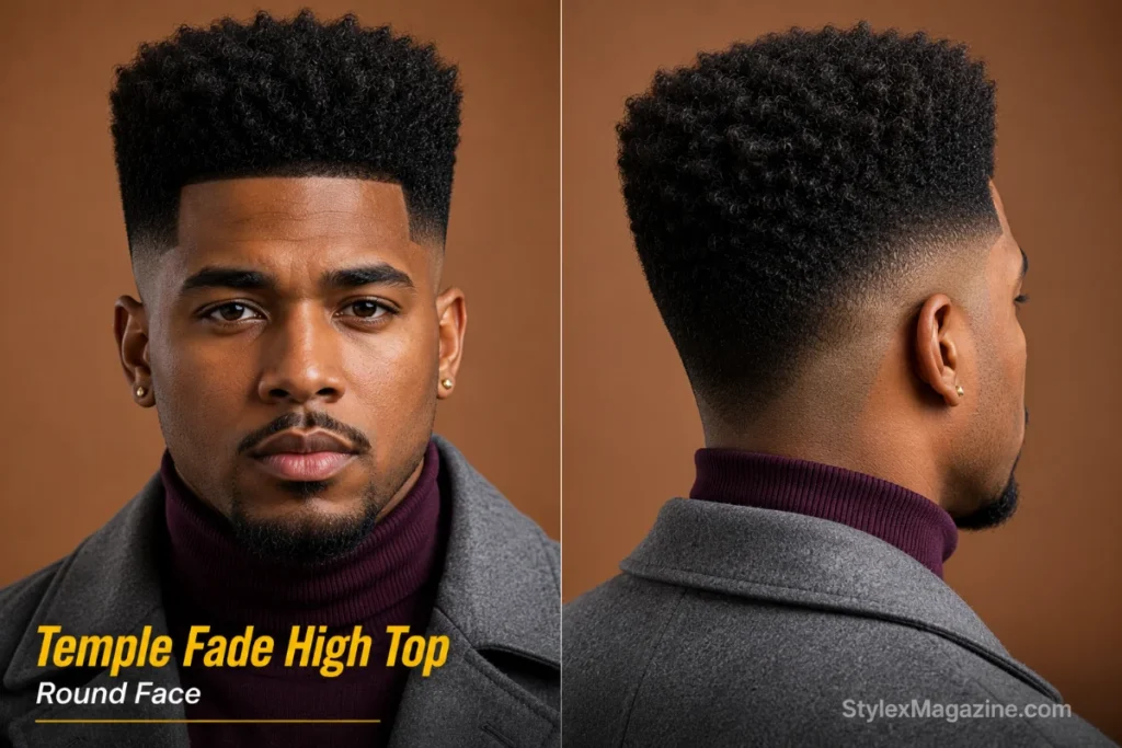 Temple fade with high top on round face showing tight temple hairline with tall volume above