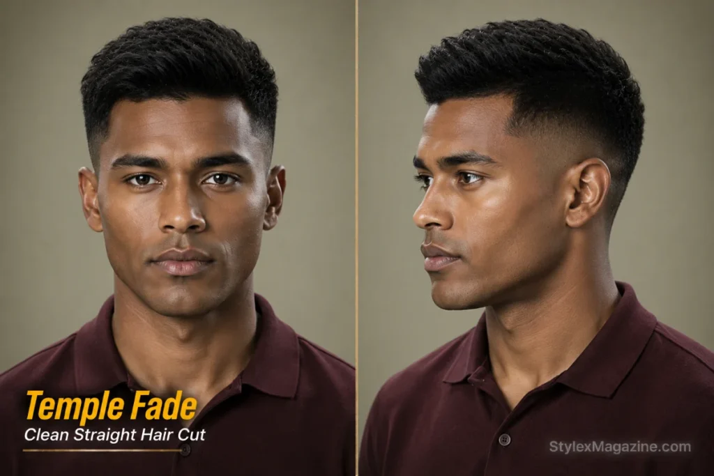 Temple fade haircut for men with straight hair featuring clean temple taper and natural top.