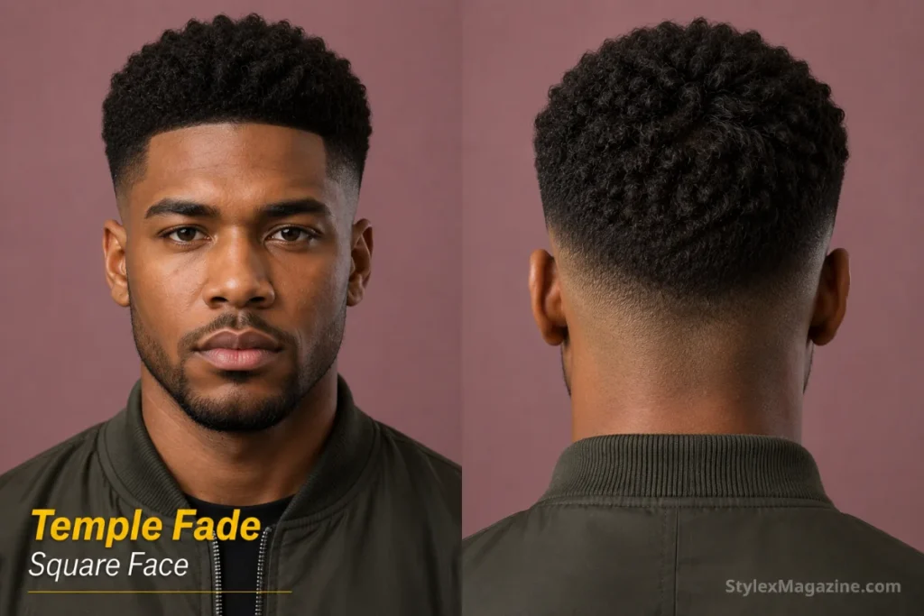 Temple fade with textured top on square face showing tight temples with fuller sides above and textured crown
