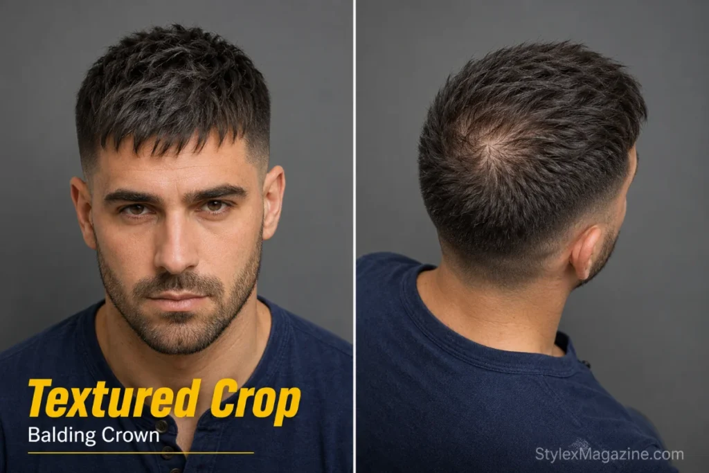 Textured crop haircut on a balding man with crown thinning showing choppy layers creating density