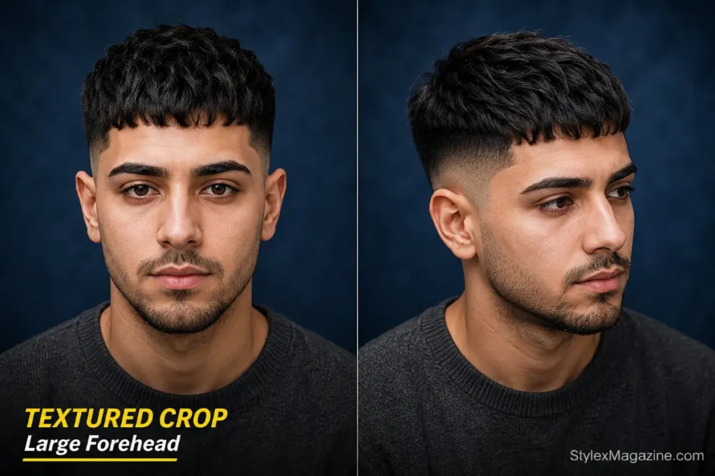 Textured crop with fringe haircut for men with a large forehead, front and side view
