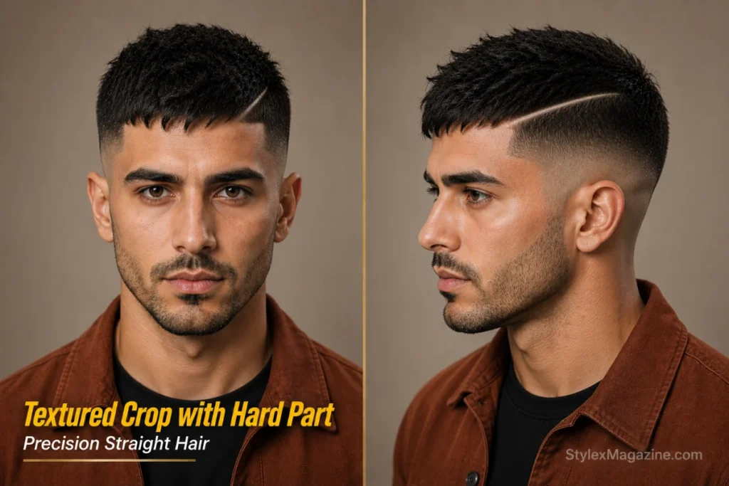 Textured crop with hard part hairstyle for straight hair.