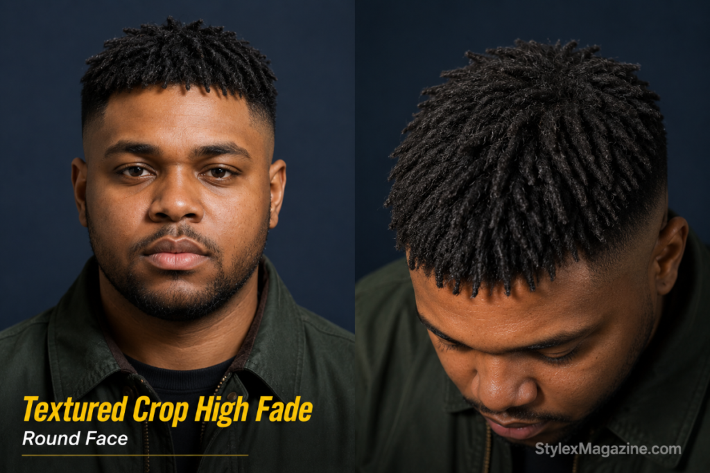 Textured crop with high fade on round face showing choppy layered top with slight fringe
Caption: Textured Crop with High Fade