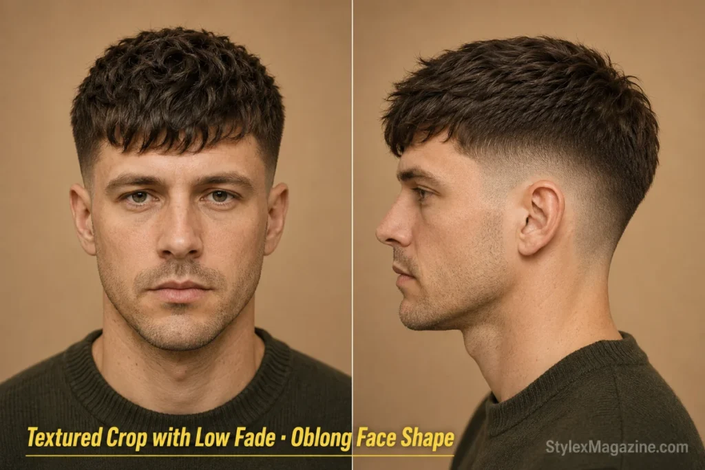Textured crop with low fade on a man with oblong face shape, forward-pushed fringe at eyebrow level, matte finish