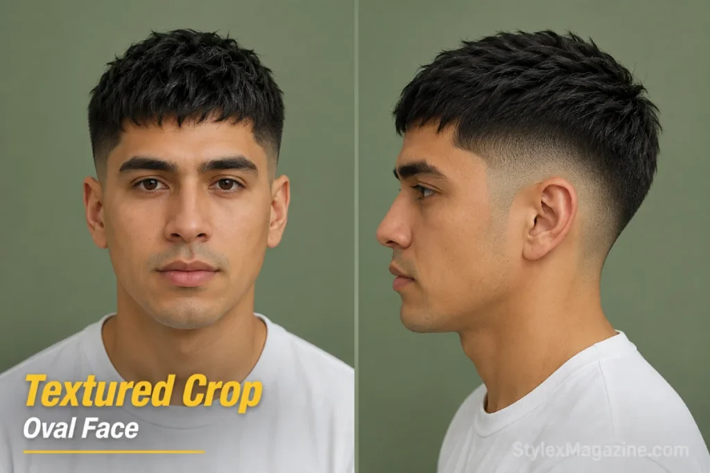 Textured crop on oval face showing choppy point-cut layers with low to mid fade preserving 2:1 ratio