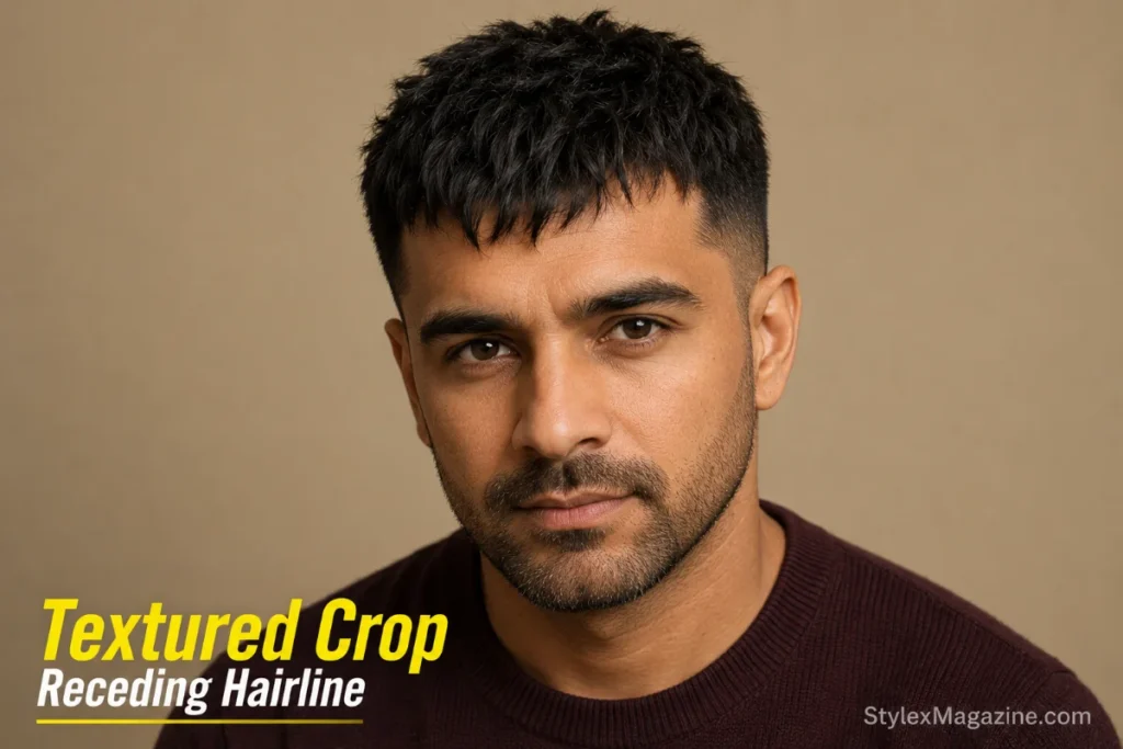 Textured crop on receding hairline showing choppy forward fringe softening the M-shaped temple recession