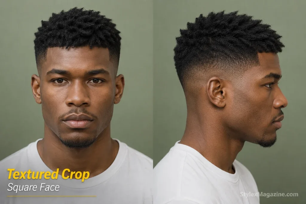 Textured crop on square face shape showing choppy layered top with low to mid fade softening angular jaw