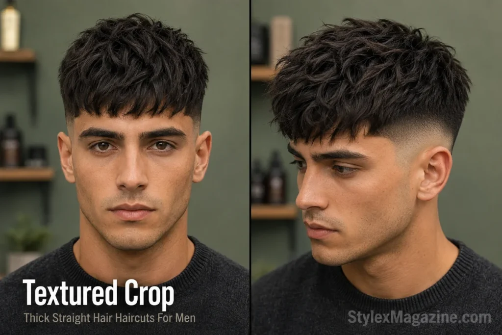 Textured crop haircut for men with thick straight hair and faded sides