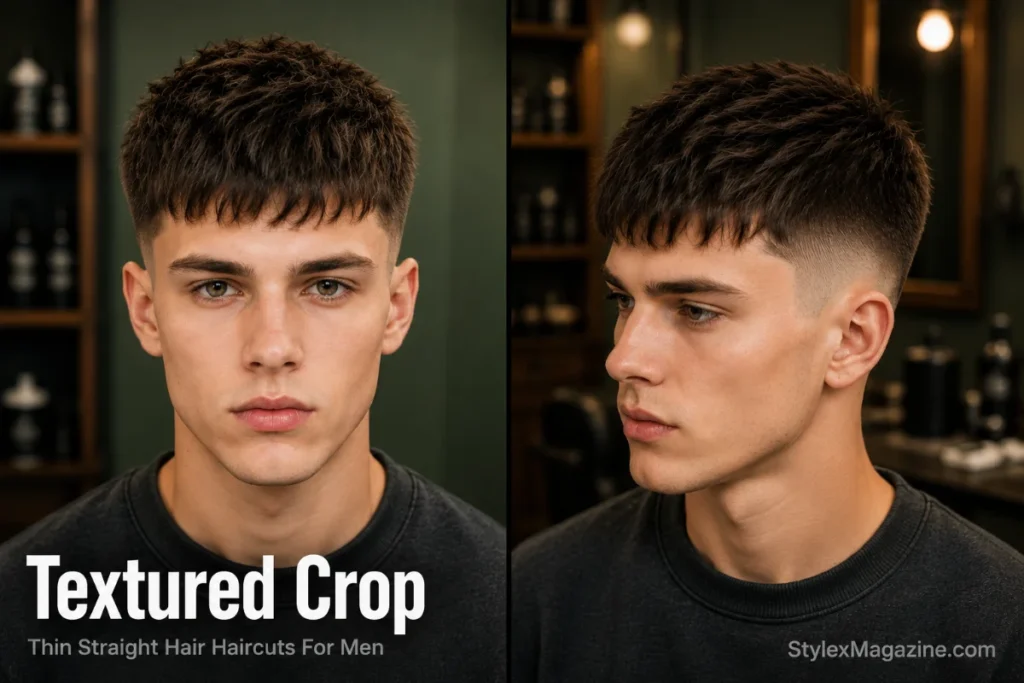 Man with thin straight hair wearing a textured crop with choppy layers on top and a low fade in a premium modern barbershop.