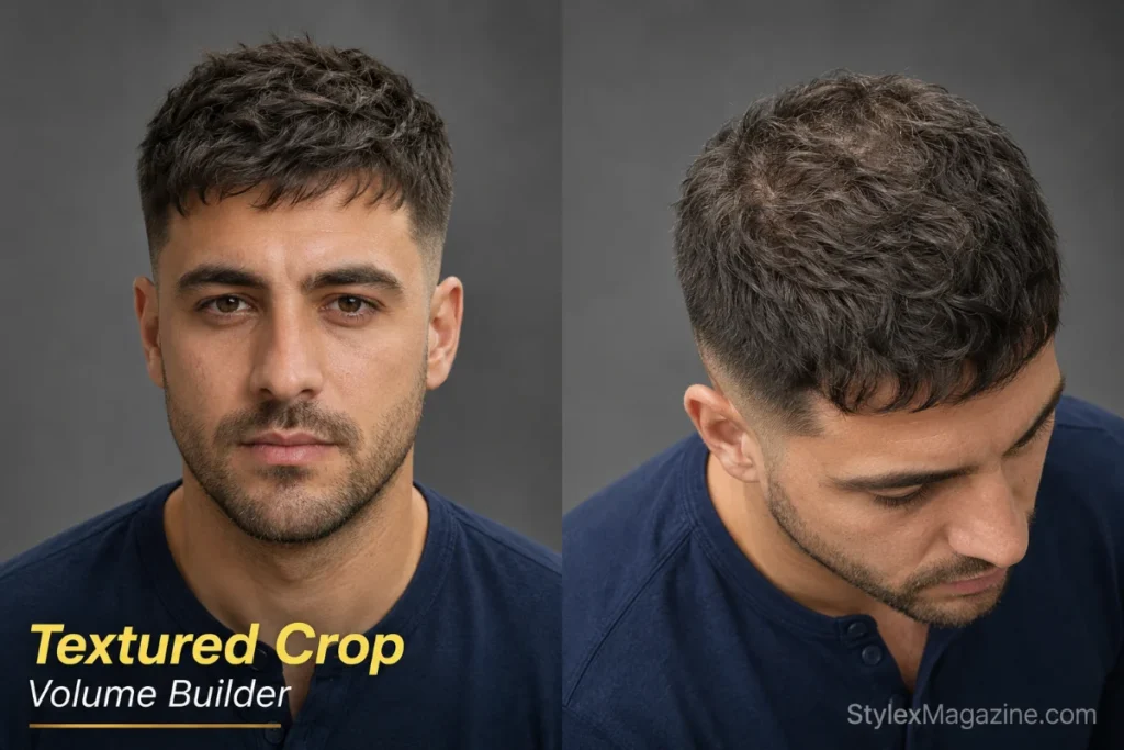 Textured crop haircut on a man with thinning hair showing choppy layers adding volume on top