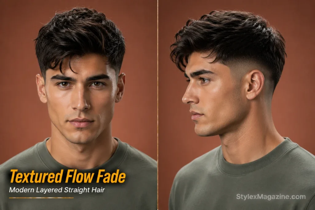 Textured flow fade haircut for men with straight hair featuring layered top and clean fade.