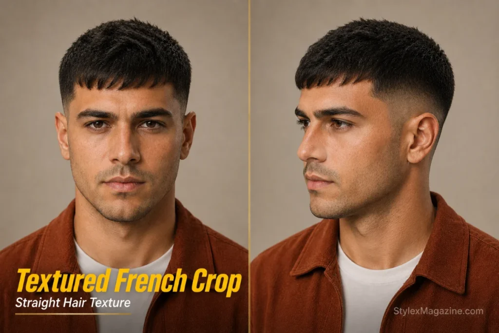 Textured French crop hairstyle with straight hair and short forward fringe.