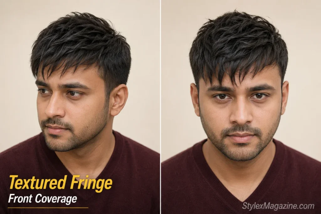 Textured fringe haircut on a man with thinning hair in the front showing uneven forward fringe