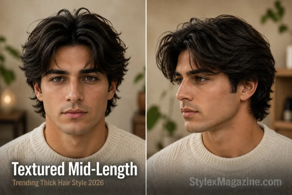 Textured mid length haircut for men with thick straight hair and layered movement