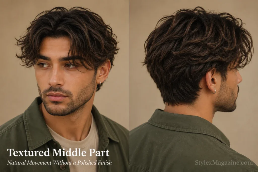 Man with naturally wavy hair styled into a choppy textured middle part with piece-by-piece separation.