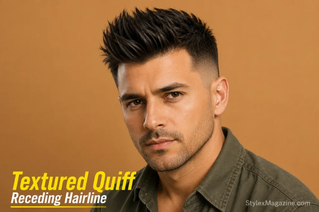 Textured quiff on receding hairline showing upward forward volume redirecting attention away from receding temples