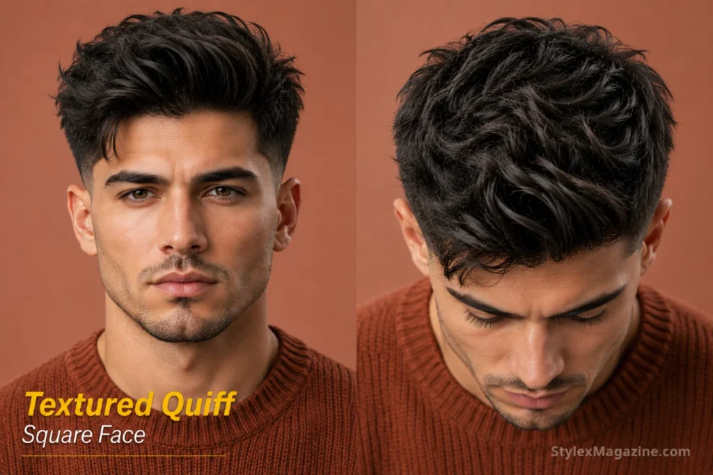 Textured quiff on square face showing matte clay volume at front with mid fade softening jaw