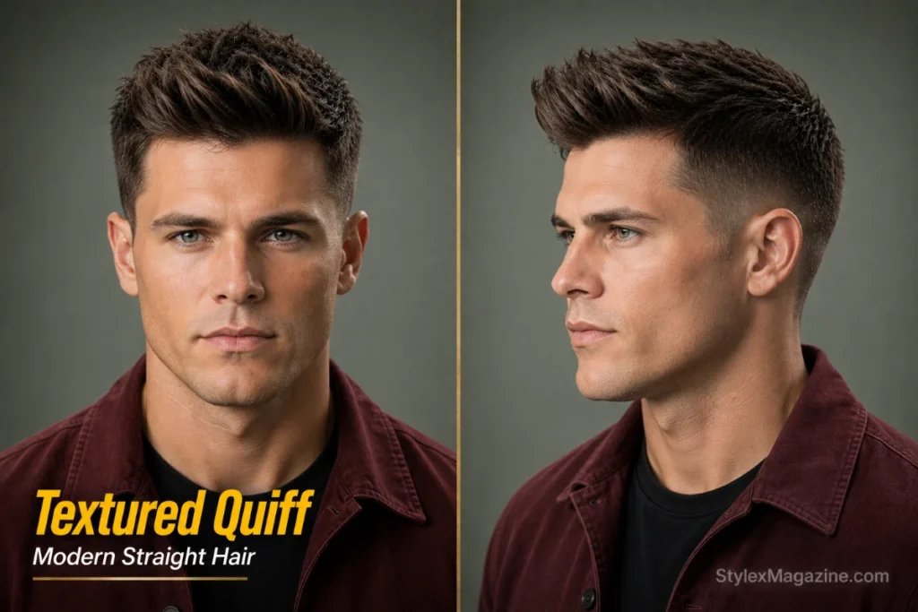 Textured quiff hairstyle for straight hair featuring natural volume and piece-y texture.