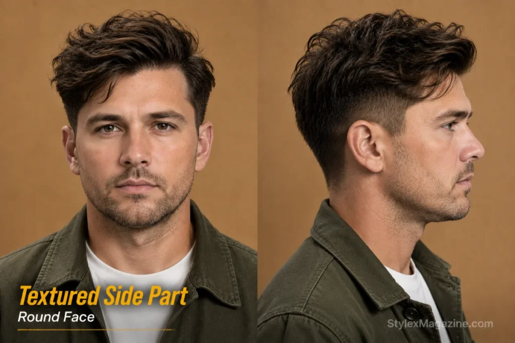 Textured side part on round face showing matte clay undone finish with mid fade