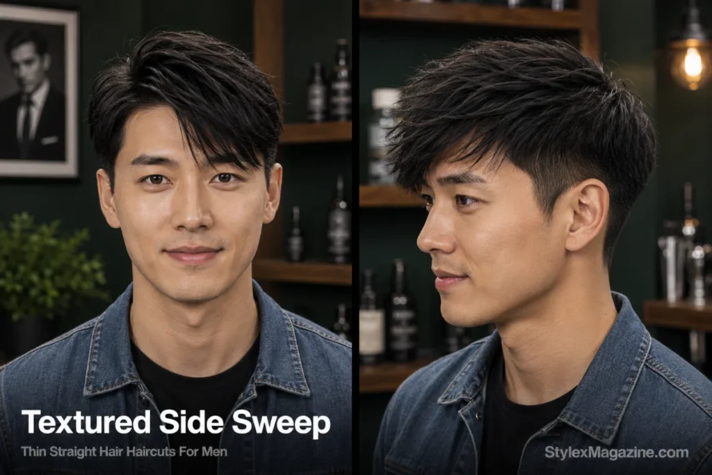 Man with thin straight hair styled as a textured side sweep with choppy ends swept naturally to one side.